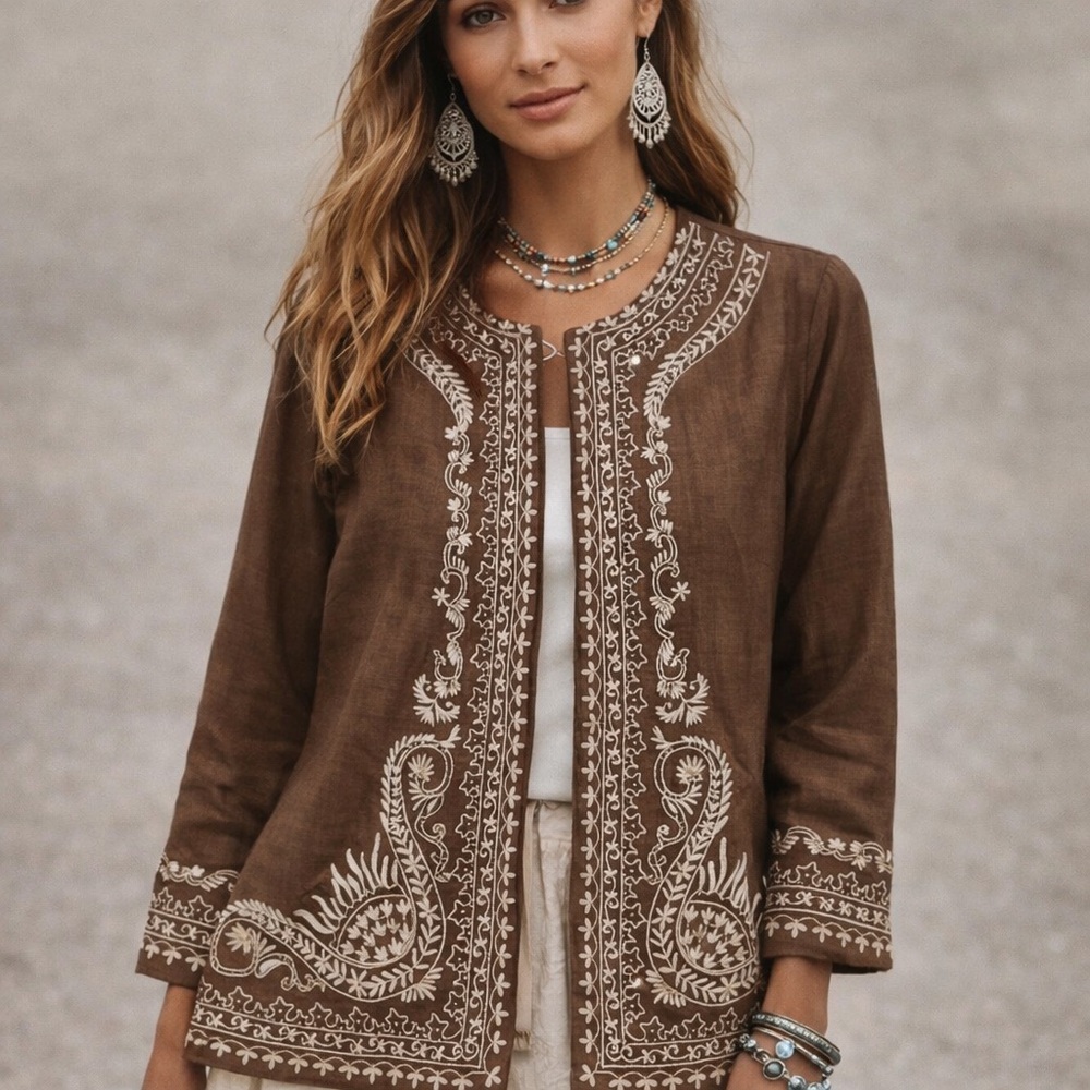 Vintage Linen Embroidered Jacket size Large brown boho hippie art